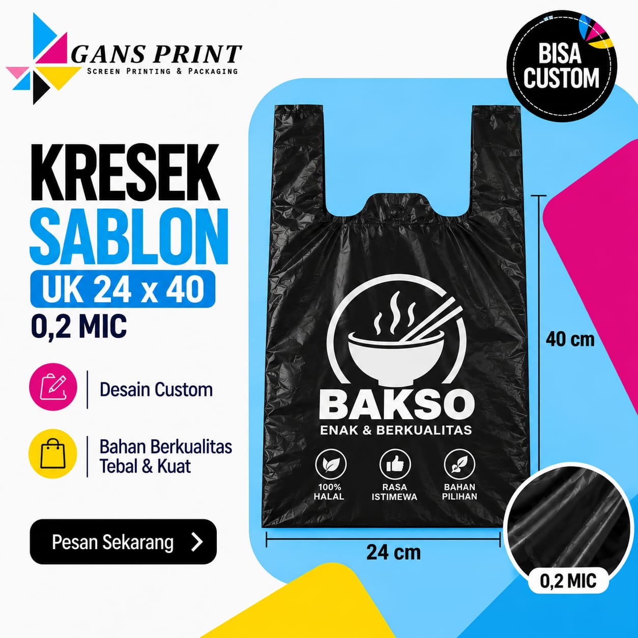 Kantung Kresek Hitam Doff Sablon 1 Warna Uk 15 - 40 GansPrint