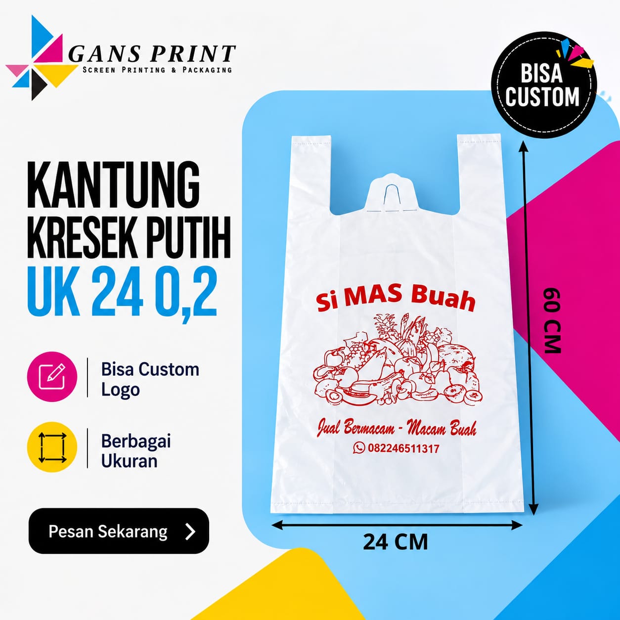 Kantung Kresek Putih Susu Sablon Uk 15, 21, 24, 28, 35, 40 - GansPrint