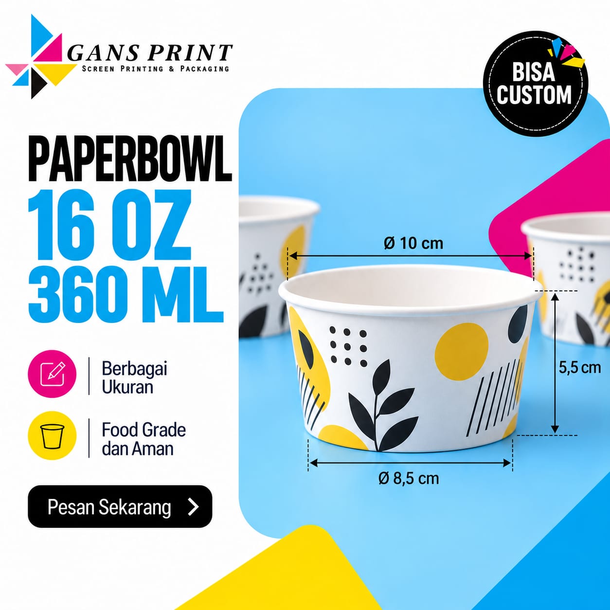 Paper Bowl 16 oz, 22 oz, 27 oz Food Grade + Tutup - GansPrint