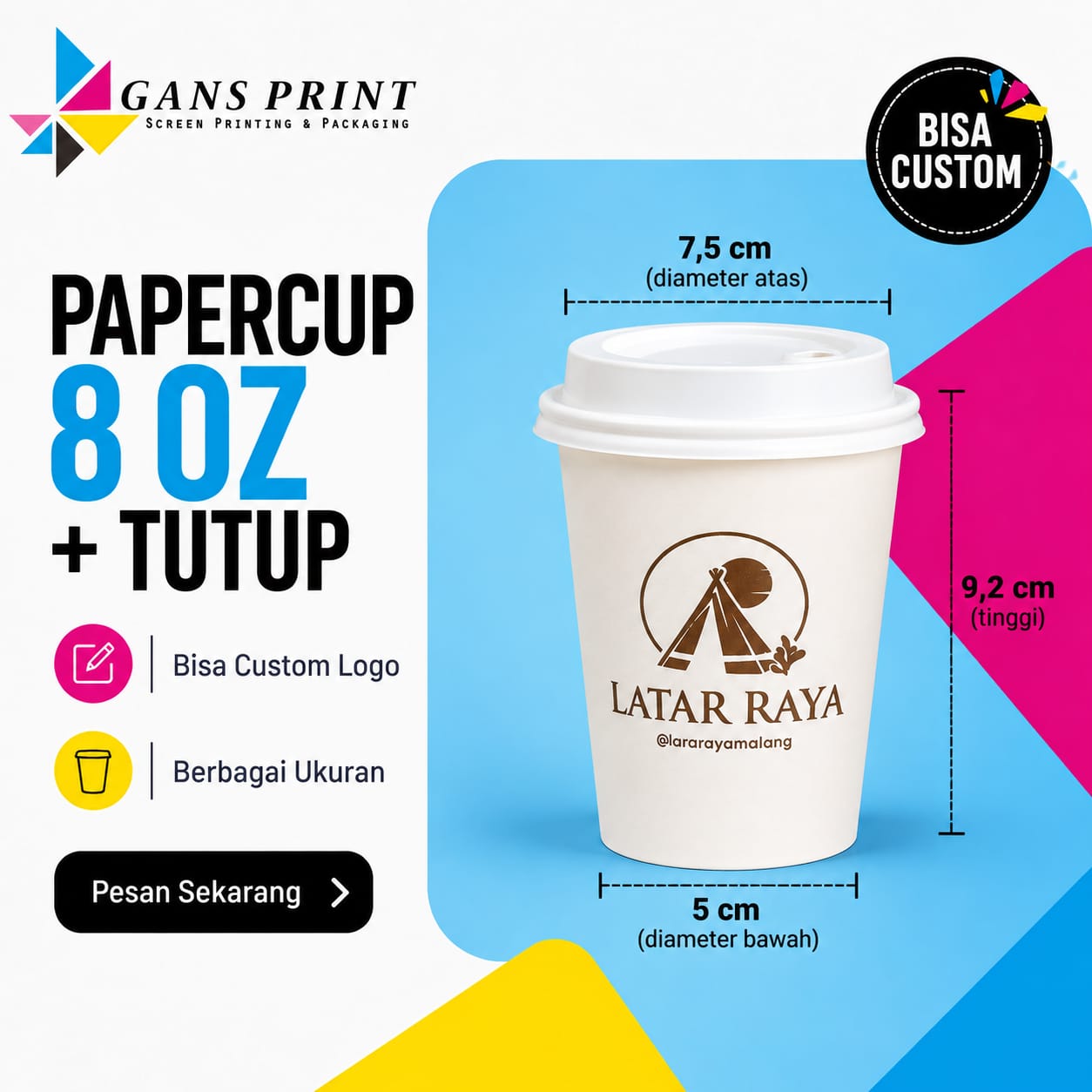 Paper Cup 8 oz + Tutup Minuman Kopi Panas - GansPrint
