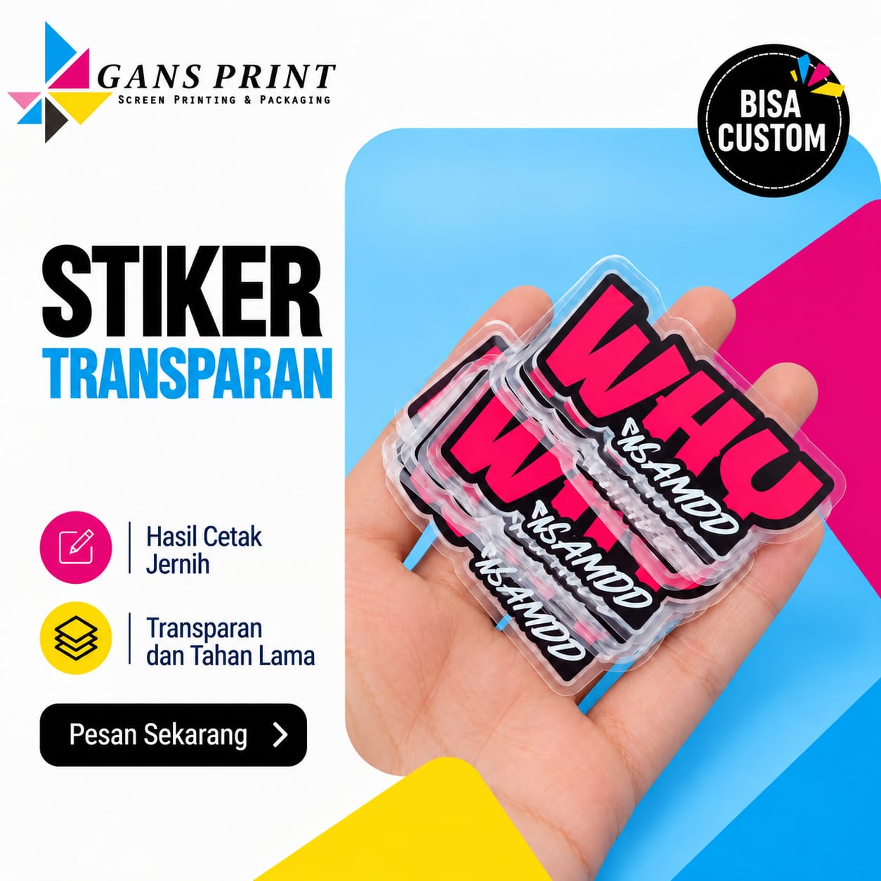 Stiker Transparan Bening Waterproof Botol & Pouch GansPrint
