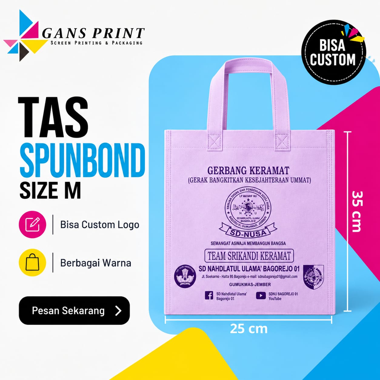 Tas Spunbond Sablon Press Handle Lipat Samping XS, S, M, L - GansPrint
